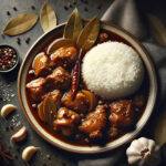 Filipino pork adobo on a round plate served with white steamed rice surrounded by peppercorns, dried bay leaves and cloves of garlic on the table