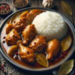 Filipino chicken adobo with white steamed rice on a plate, surrounded by dried bay leaves, peppercorns and bulb of garlic