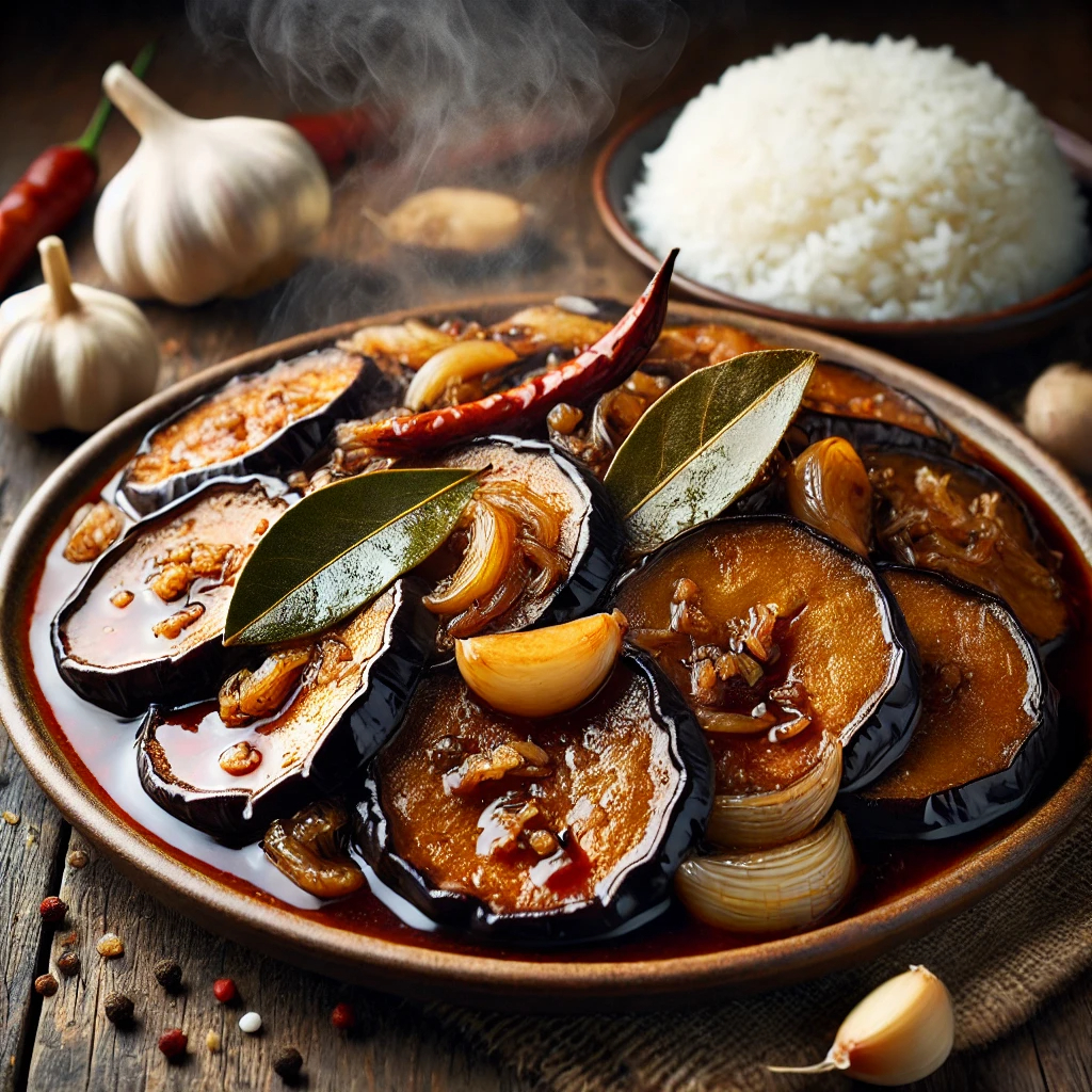 Filipino spicy eggplant adobo served in a round platter with steam, with white rice in a separate bowl in the background, with bulbs and cloves of garlic, and whole red chillies surrounding the dish