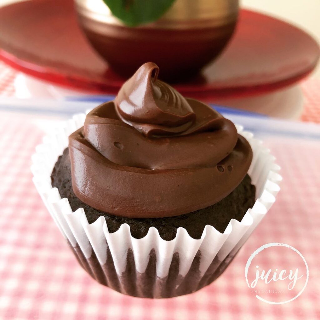 a single chocolate cupcake frosted with chocolate icing