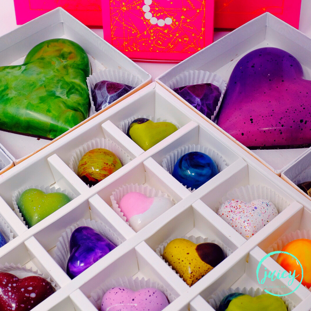 Close up image of The Chocolate Lab's bonbons. This is a picture of Hearts and Dreams Collection for Valentines Day 2021