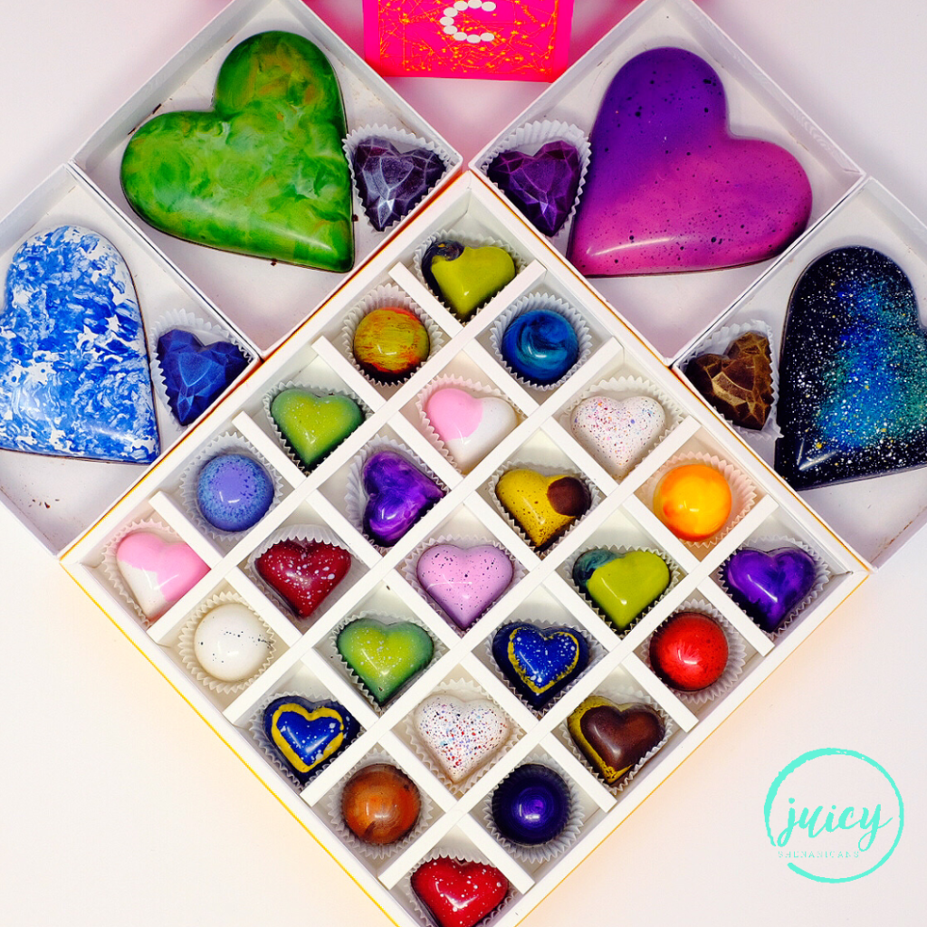 Top view image of The Chocolate Lab's bonbons. This is a picture of Hearts and Dreams Collection for Valentines Day 2021